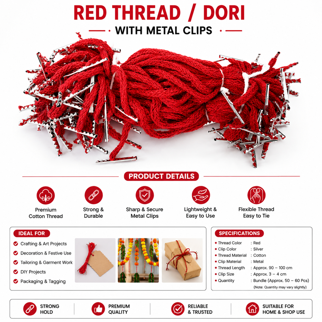 Red Thread Dori with Metal Clips